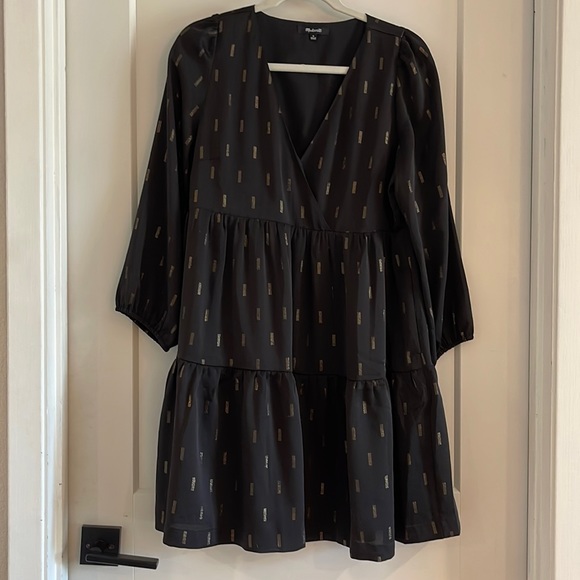 MADEWELL Black & Gold Pattern Faux Wrap Mini Dress size Medium EUC - Picture 2 of 7